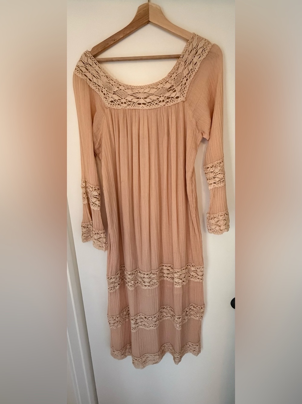 Bohemian Crochet-Trim Gauze Midi Dress in Apricot